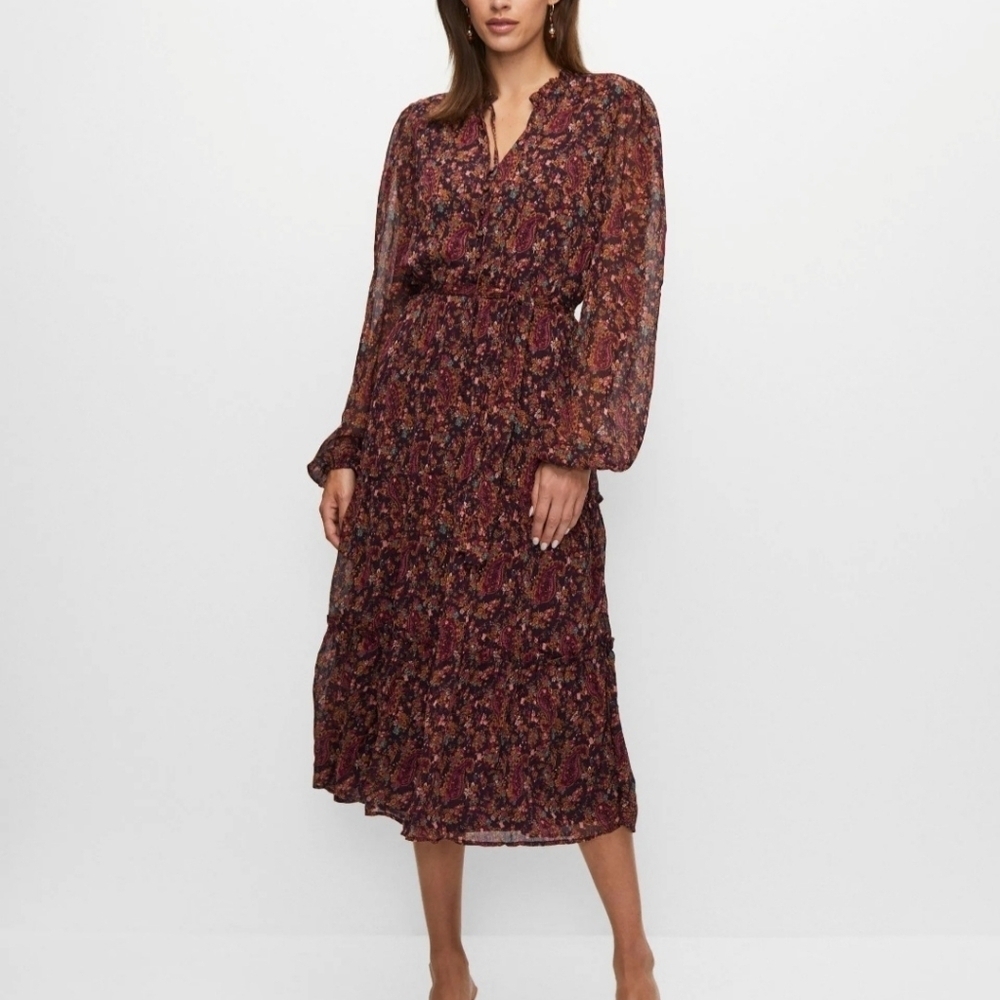 Autres Fills Paisley Sz XS Floral Long Sleeve Dress Tiered Skirt Sash Waist Nwt